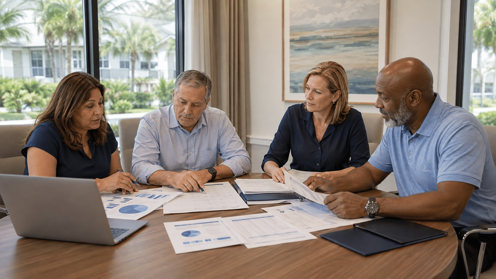 HOA board and community manager reviewing an annual operating plan