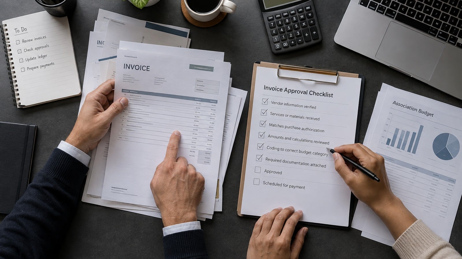 Hands reviewing an HOA vendor invoice and financial approval checklist