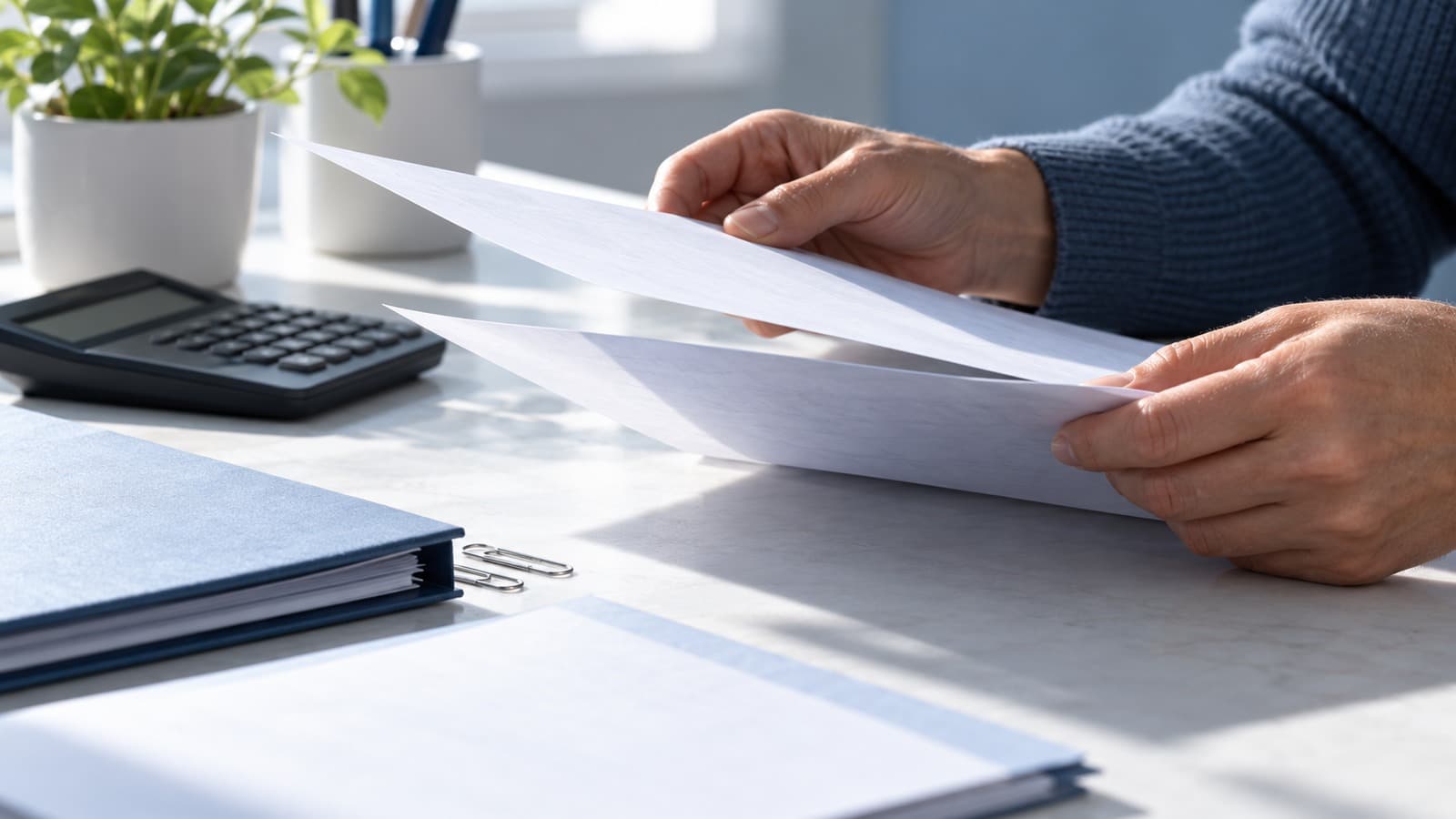 Hands comparing unlabeled financial documents during an account review