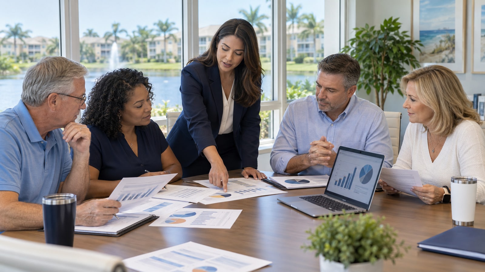 HOA board members and a community manager reviewing an annual budget packet