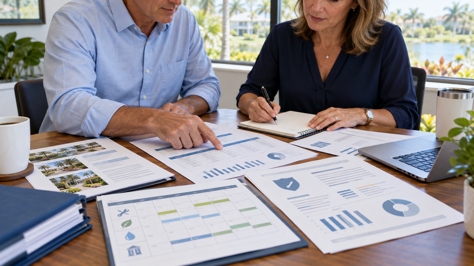 HOA board members reviewing vendor costs, maintenance plans, and budget documents