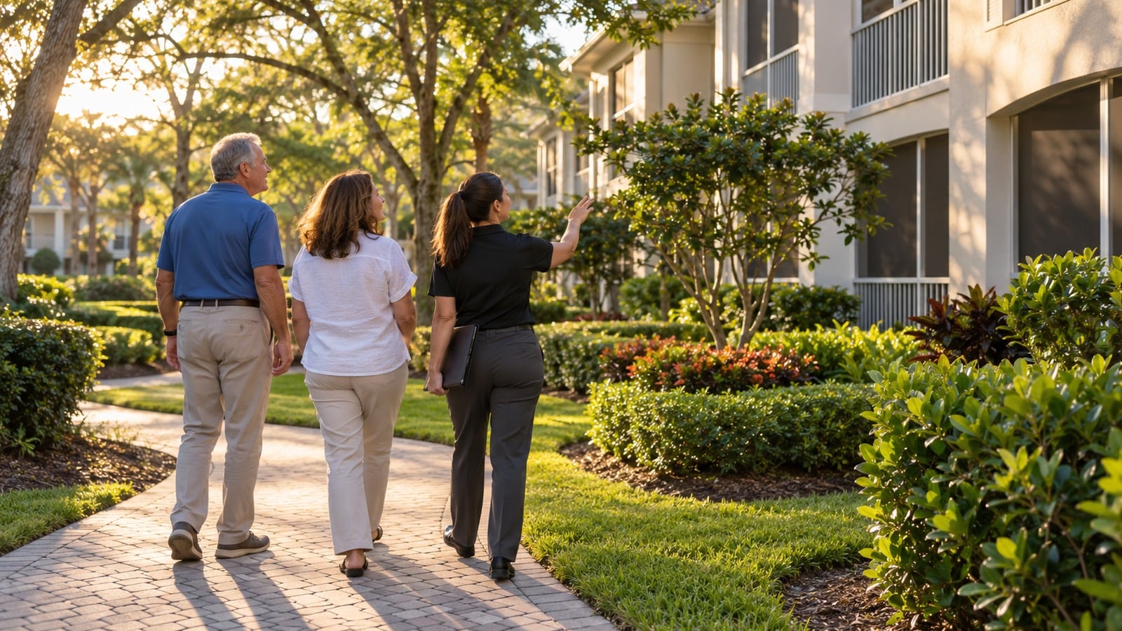 Community manager and board members inspecting shared property while discussing financial priorities