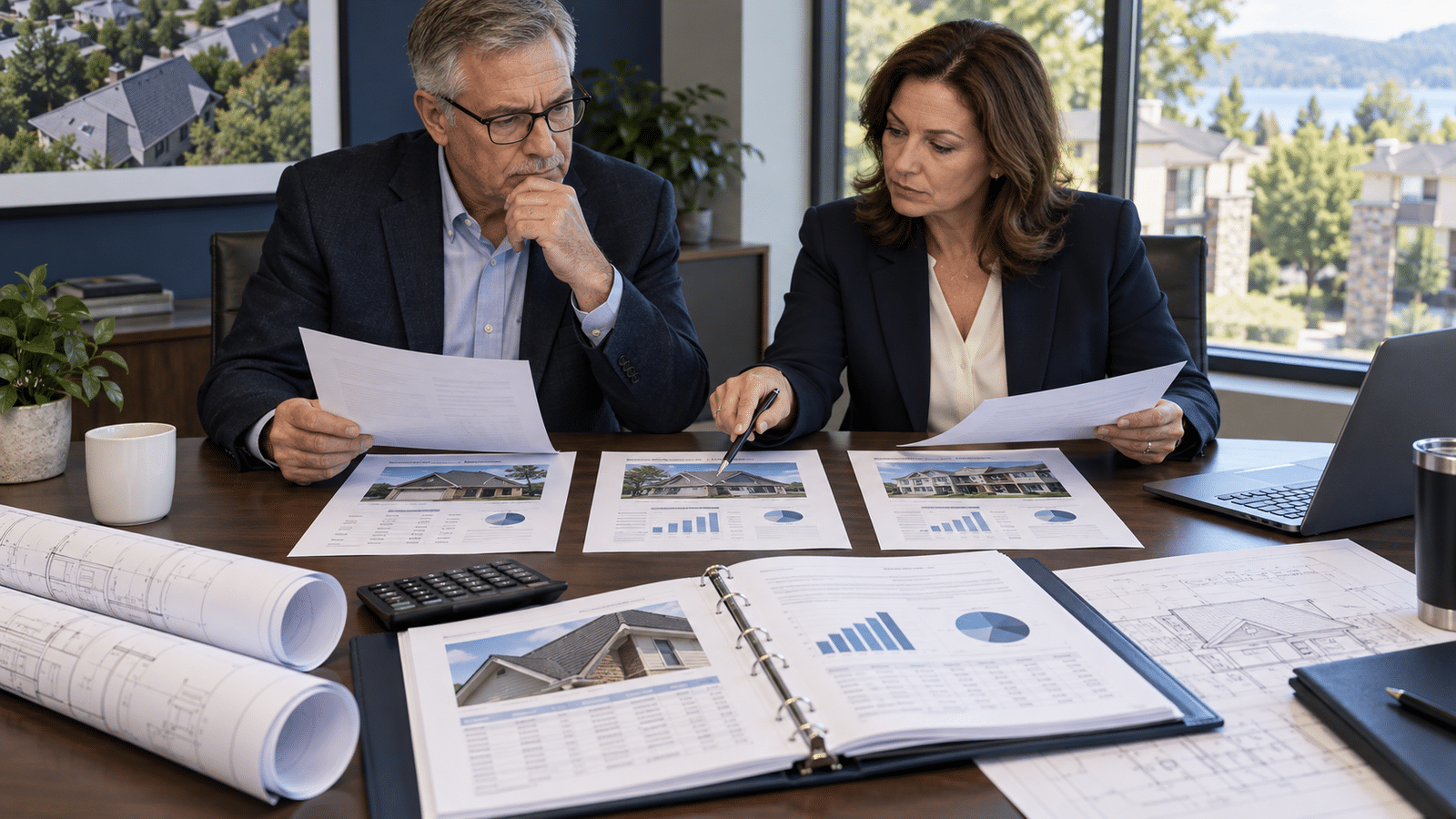 HOA board members comparing roof repair proposals and project costs