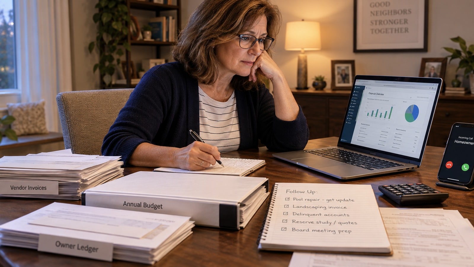 HOA treasurer managing invoices and owner records with accounting software at home