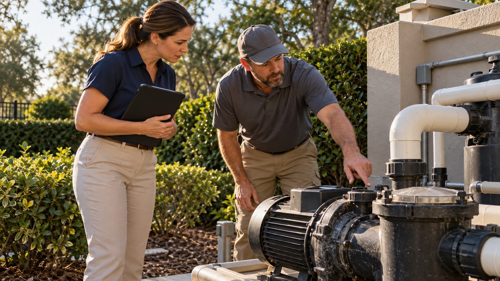 Community manager and contractor inspecting pool equipment behind an HOA maintenance-cost variance